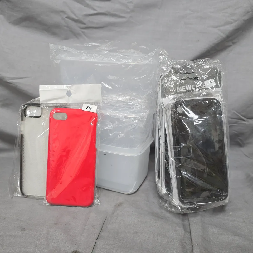 BOX TO INCLUDE LARGE ASSORTMENT OF CLEAR PLASTIC STORAGE CONTAINERS, AND PHONE CASES IN VARIOUS COLOURS - MAKES AND MODELS VARY - COLLECTION ONLY