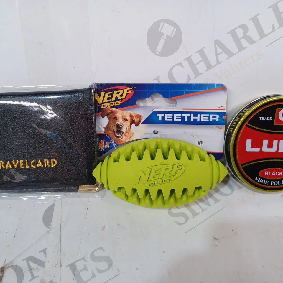APPROXIMATELY 10 ASSORTED HOUSEHOLD ITEMS TO INCLUDE LUDG BLACK SHOE POLISH, NERF DOG TEETHER, TRAVELCARD HOLDER, ETC