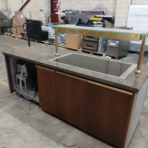 COMMERCIAL KITCHEN ISLAND WITH BUILT-IN STORAGE, PREP/SERVING AREA, GRANITE TOP 