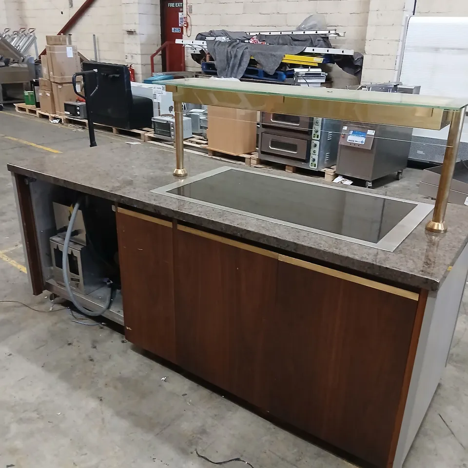 COMMERCIAL KITCHEN ISLAND WITH BUILT-IN STORAGE, PREP/SERVING AREA, GRANITE TOP 