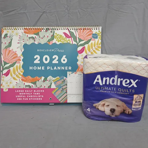 BOX OF APPROXIMATELY 10 ASSORTED HOUSEHOLD ITEMS TO INCLUDE ANDREX, 2026 HOME PLANNER, ETC - COLLECTION ONLY