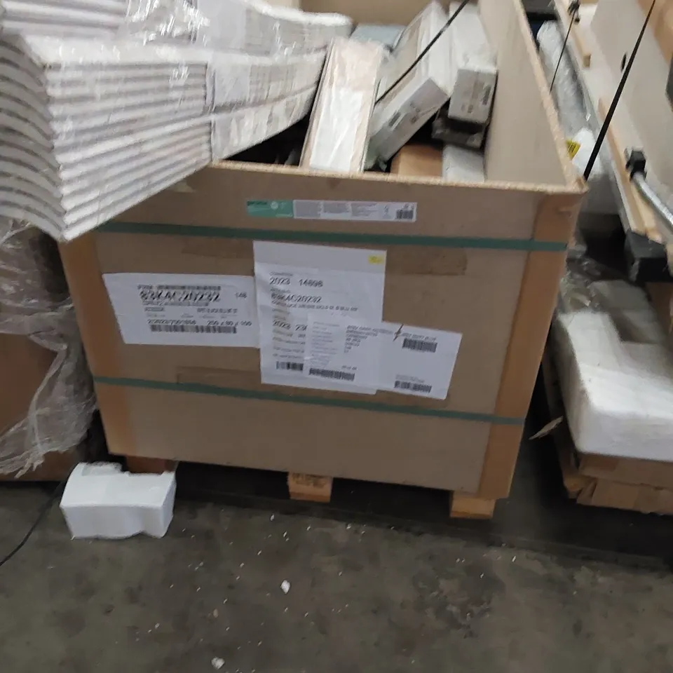 PALLET OF ASSORTED ITEMS TO INCLUDE, PRO COVE LITE, ASSORTED WOODEN FLOORING, WOCA WORKTOP KIT