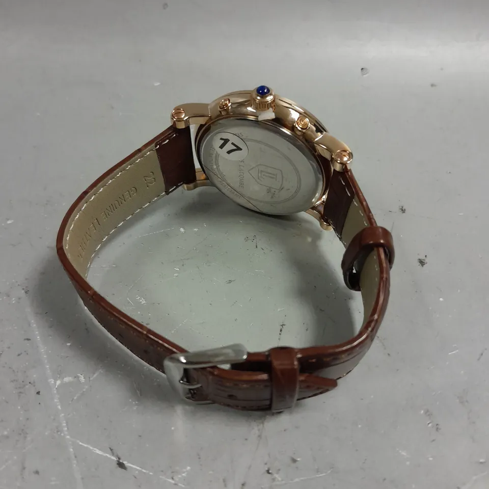 BOXED LOUIS LACOMBE CHRONOGRAPH DIAL WITH DATE & BROWN STRAP