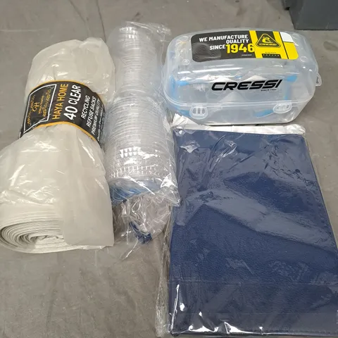 APPROXIMATELY 20 ASSORTED HOUSEHOLD PRODUCTS TO INCLUDE CLEAR BIN BAGS, SAFETY GOGGLES AND TABLET COVER