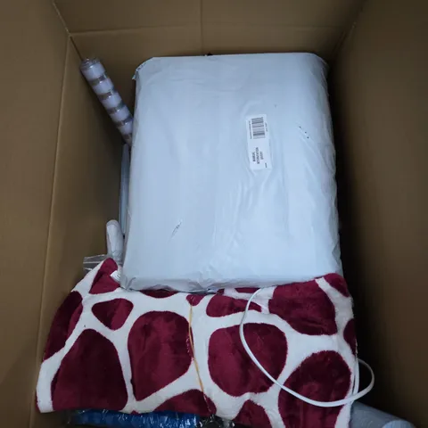 LARGE BOX OF ASSORTED HOUSEHOLD ITEMS TO INCLUDE WALLPAPER, THROWS AND HOOVER PARTS