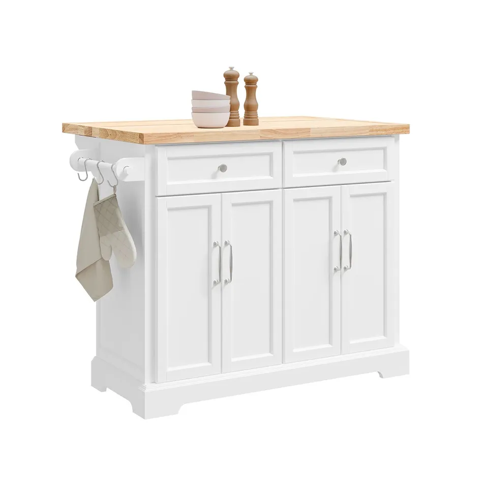 BOXED SOBUY FKW71-III-WN KITCHEN ISLAND ON WHEELS WITH EXTENDABLE WORKTOP, 2 DRAWERS, 2 CABINETS & TOWEL RACK- WHITE (2 BOXES)