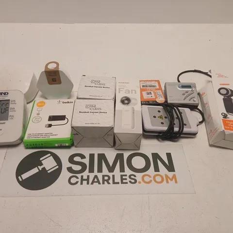 APPROXIMATELY 12 ASSORTED PRODUCTS TO INCLUDE; HIGH SPEED HANDHELD COOLING FAN, SONY MD WALKMAN, EDC FLASH LIGHT, KIMOO HANDHELD HIGH SPEED FAN, RESIDUAL CURRENT DEVICE AND AND DIGITAL BLOOD PRESSURE 