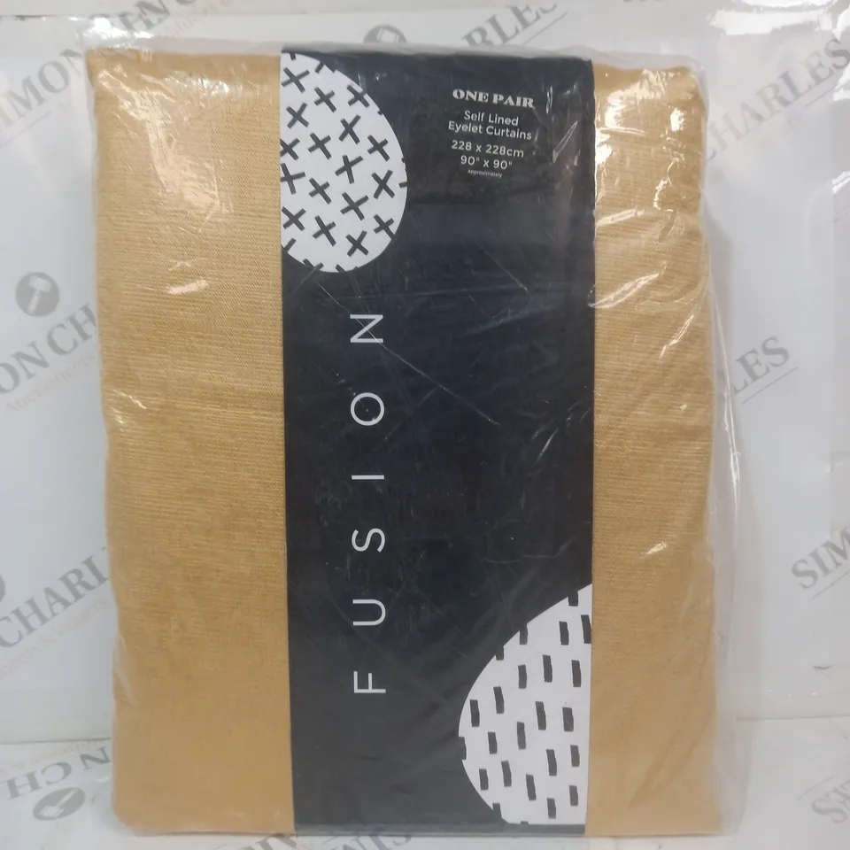 FUSION STRATA SELF LINED EYELET CURTAINS IN OCHRE (ONE PAIR)