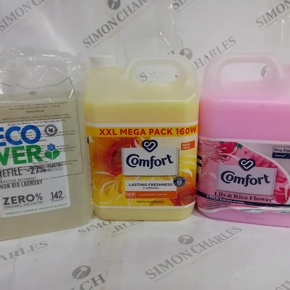 BOX OF APPROX 3 ASSORTED LIQUIDS TO INCLUDE - COMFORT LASTING FRESHNESS - COMFORT LILY & RICE FLOWER - ECO VER LAUNDRY DETERGENT