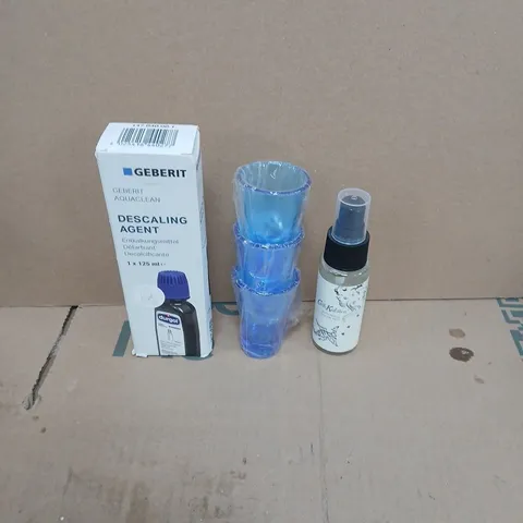 APPROXIMATELY 15 ASSORTED HOUSEHOLD PRODUCTS TO INCLUDE CATH KIDSTON PILLOW MIST, PLASTIC SHOT GLASSES, GEBRIT DESCALING AGENT ETC 