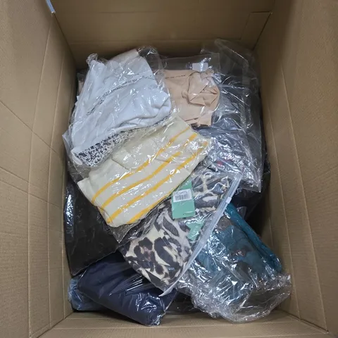 BOX OF APPROXIMATELY 30 ASSORTED CLOTHING ITEMS IN VARIOUS STYLES , COLOURS AND SIZES