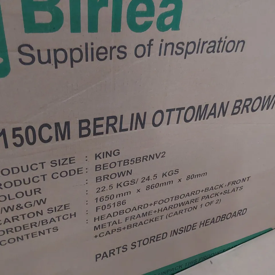 BOXED DESIGNER BERLIN 150cm BED FRAME BROWN FABRIC (2 boxes)