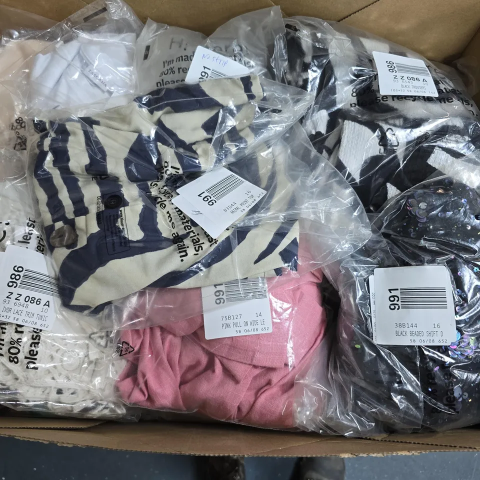 APPROXIMATELY 27 ASSORTED CLOTHING ITEMS IN VARIOUS SIZES, STYLES & SIZES TO INCLUDE BLACK TROUSERS, BLACK BEADED SHIFT DRESS, ANIMAL PRINT TOP, ETC - COLLECTION ONLY