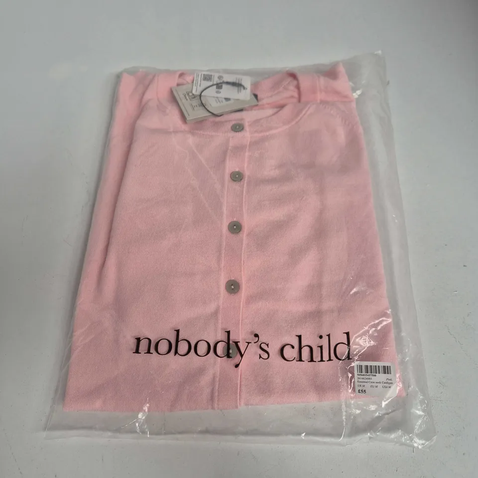 BAGGED NOBODYS CHILD ESSENTIAL CREW NECK CARDIGAN IN PINK - UK MEDIUM
