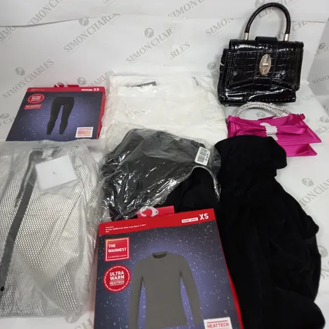 LARGE BOX OF ASSORTED CLOTHING ITEMS IN VARIOUS COLOURS AND SIZES INCLUDING TROUSERS , TOPS AND JUMPERS