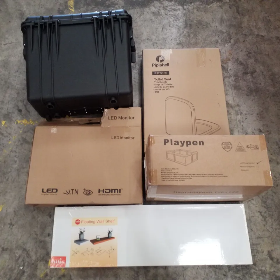 PALLET CONTAINING ASSORTED PRODUCTS INCLUDING TOILET SEAT, PROTECTIVE WATERPROOF CASE, LED MONITOR, PLAYPEN & FLOATING WALL SHELF 