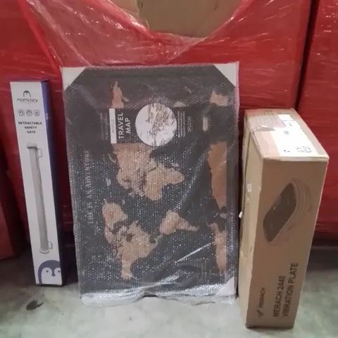 PALLET OF ASSORTED HOUSEHOLD GOODS AND PRODUCTS TO INCLUDE;RETRACTABLE SAFETY GATE,TRAVEL WORLD MAP,VIBRATION PLATE