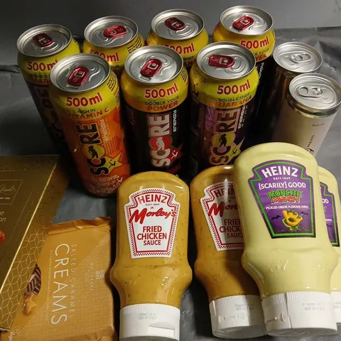 LOT OF APPROXIMATELY 15 ASSORTED FOOD AND DRINK ITEMS TO INCLUDE ENERGY DRINKS AND SAUCES