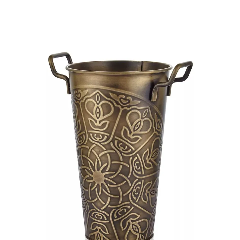 BOXED THE MIA GOLD VASE GARDEN HOME DECOR GALVANISED STEEL ANTIQUE GOLD 40H CM