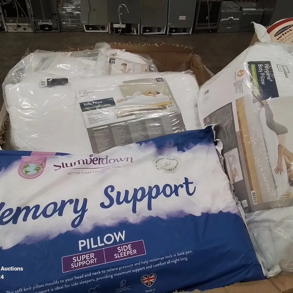PALLET CONTAINING 2 LARGE BOXES OF VARIOUS PILLOWS, BODY PILLOWS ETC.