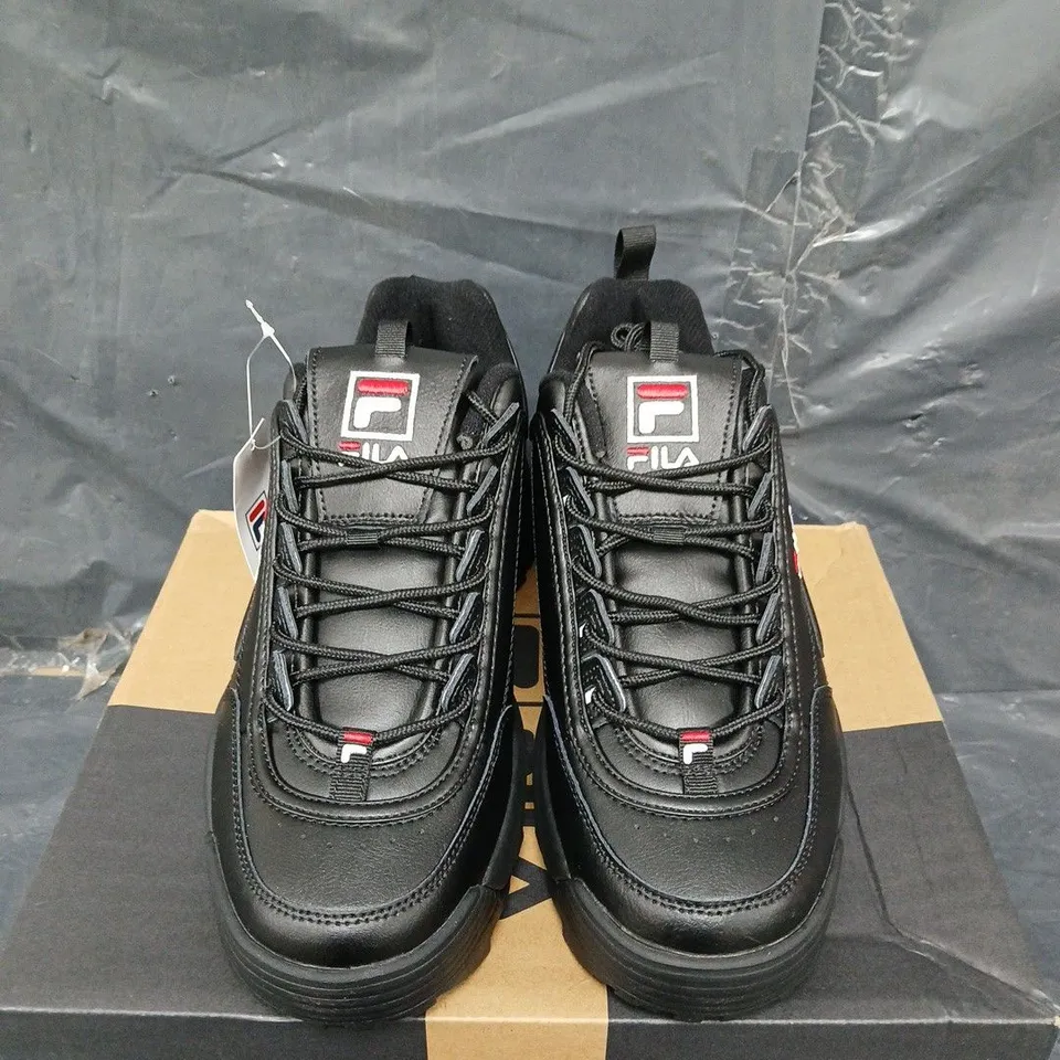 BOXED PAIR OF FILA DISRUPTOR PREMIUM TRAINERS IN BLACK - UK SIZE 9