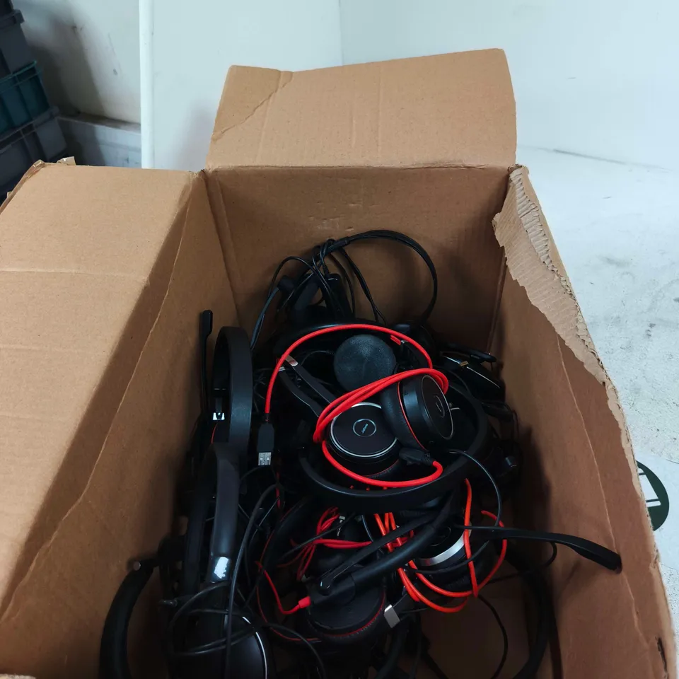 BOX OF APPROXIMATELY 10 ASSORTED HEADSETS TO INCLUDE JABRA ETC