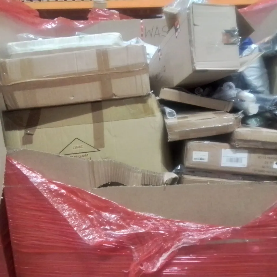 PALLET CONTAINING ASSORTED ITEMS TO INCLUDE: RETRACTABLE SAFETY GATE, PHOTO FRAME, INFLATABLE GYMNASTICS MAT WITH AIR PUMP AND FOLDABLE TRAMPOLINE ETC...
