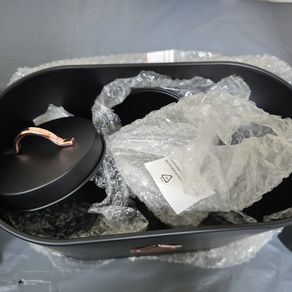 TWO-PIECE BREAD AND BISCUIT TIN BLACK METAL STORAGE CANISTER SET WITH COPPER HANDLES