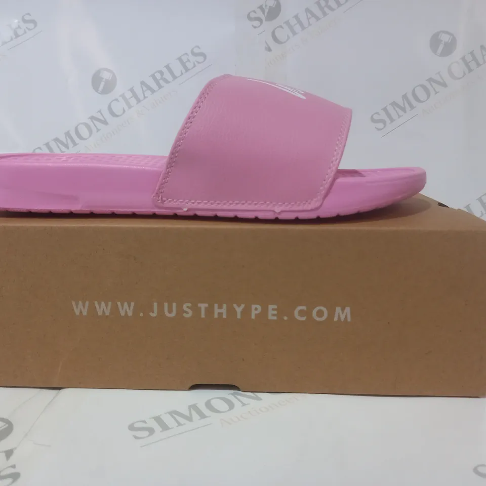 BOXED PAIR OF HYPE LOGO SLIDERS IN PINK UK SIZE 10