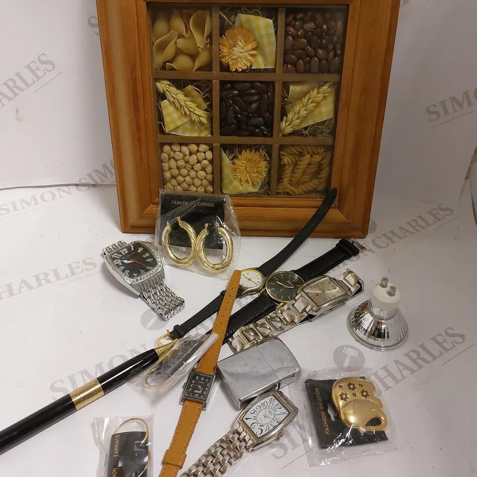 LOT OF APPROX. 15 ITEMS INCLUDING HAND WATCHES, EARRINGS, WALL DECORATION