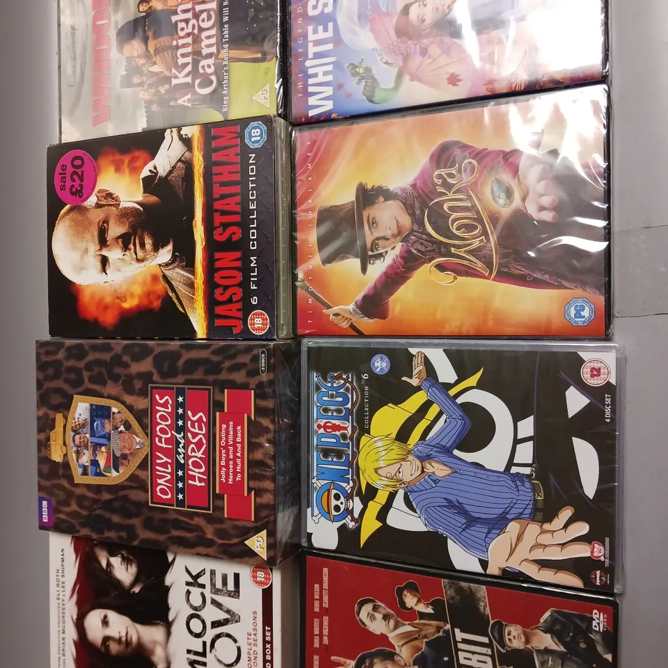 LOT OF APPROX 20 DVDS/BOX SETS IN A RANGE OF GENRES AND AGE RATINGS TO INCLUDE WONKA, JASON STATHAM COLLECTION AND HEMLOCK GROVE ETC
