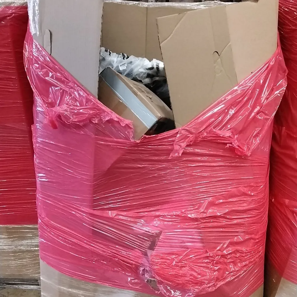 A PALLET OF VARIOUS ITEMS TO INCLUDE. VACUUM, LAPTOP TABLE, POP UPMBEACH TENT, TV STAND AND WWE