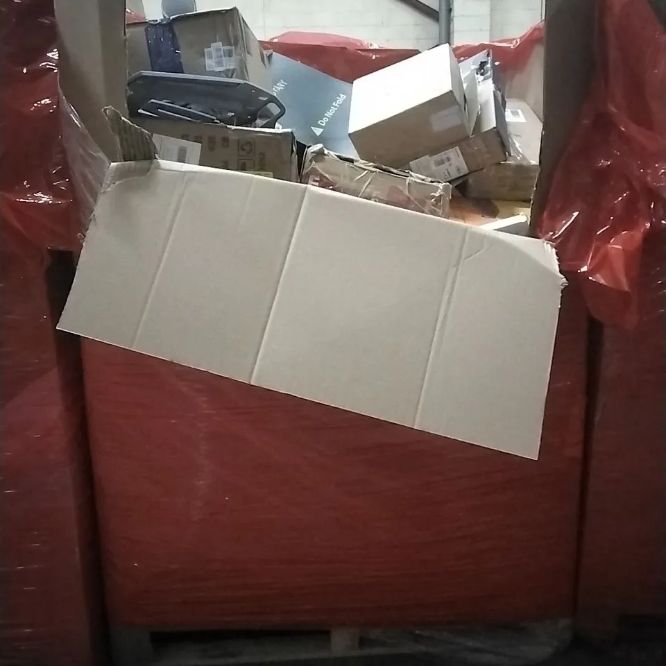 PALLET OF HOUSEHOLD ITEMS TO INCLUDE TURNTABLE SYSTEM, SLOT TRACK RACING, MOUSE PAD,PRO VINYL FLOORING CUTTER AND OTHER ASSORTED ITEMS...