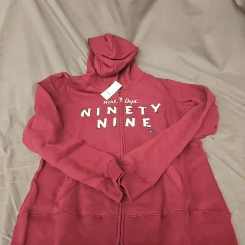 HOLLISTER BURGUNDY ZIP HOODIE WITH NINETY NINE GRAPHIC, X LARGE