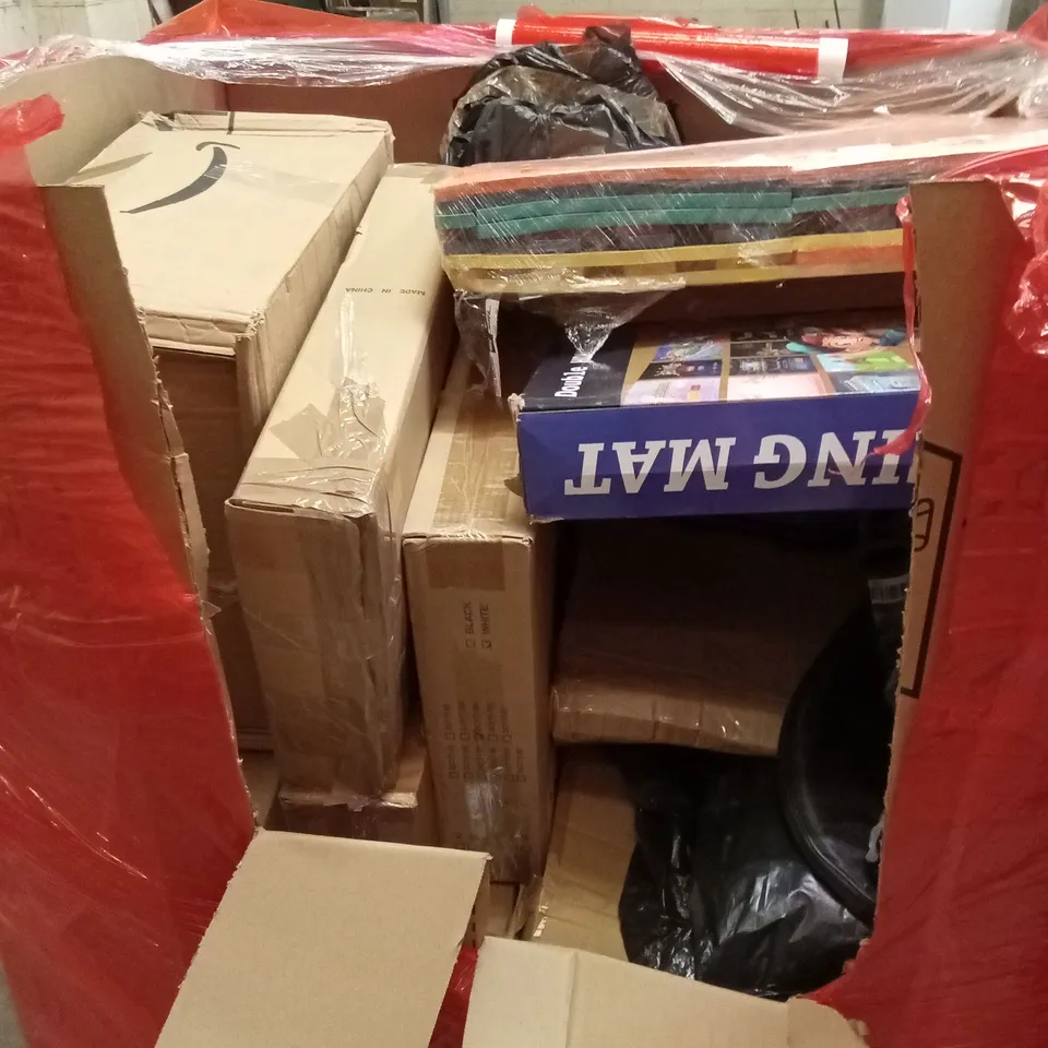 PALLET OF ASSORTED HOUSEHOLD GOODS AND PRODUCTS TO INCLUDE; BABY PRODUCTS, BATHROOM MIRROR, BOXED FURNITURE ETC