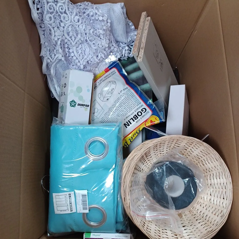 BOX TO CONTAIN APPROX. 20 X ASSORTED HOUSEHOLD PRODUCTS, INCLUDES FISHING PVA MESH, HEX KEY SET, LIGHTS, FABRICS ETC 