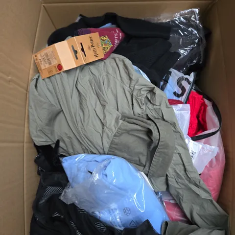 LARGE BOX OF ASSORTED CLOTHING ITEMS IN VARIOUS SIZES, STYLES AND COLOUR 