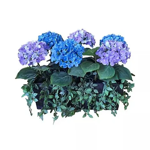 GARDEN REFLECTION INDOOR OUTDOOR HYDRANGEA AND IVY IN WINDOW DECORATION IN BLUE