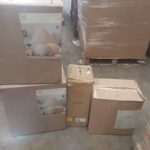 PALLET CONTAINING A VERY LARGE QUANTITY OF ASSORTED DESIGNER LIGHTING PRODUCTS INCLUDING: SANDI TABLE LAMPS, ELODIE CEILING CLUSTER, GEORGIE FLOOR LAMP ECT