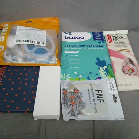 APPROXIMATELY 20 ASSORTED HOUSEHOLD ITEMS TO INCLUDE LAUNDRY DETERGENT, SUSHI ROLLING MAT AND WRITING PAD 
