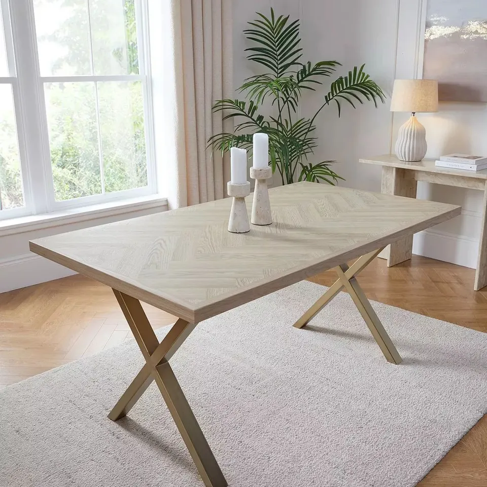 BOXED KAIA 160cm BRASS HERRINGBONE DINING TABLE (2 BOXES) RRP £349