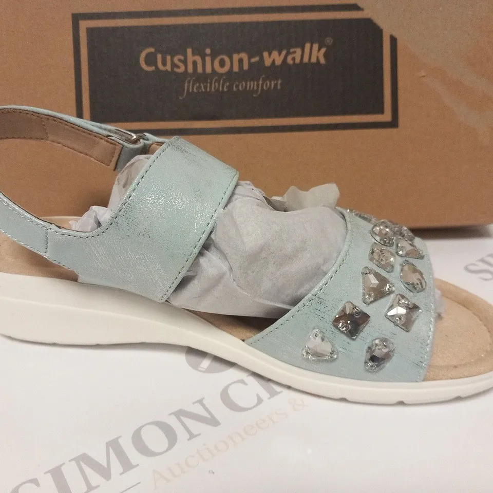 BOXED PAIR OF CUSHION WALK JEWELLED SANDALS IN SILVER - SIZE 4