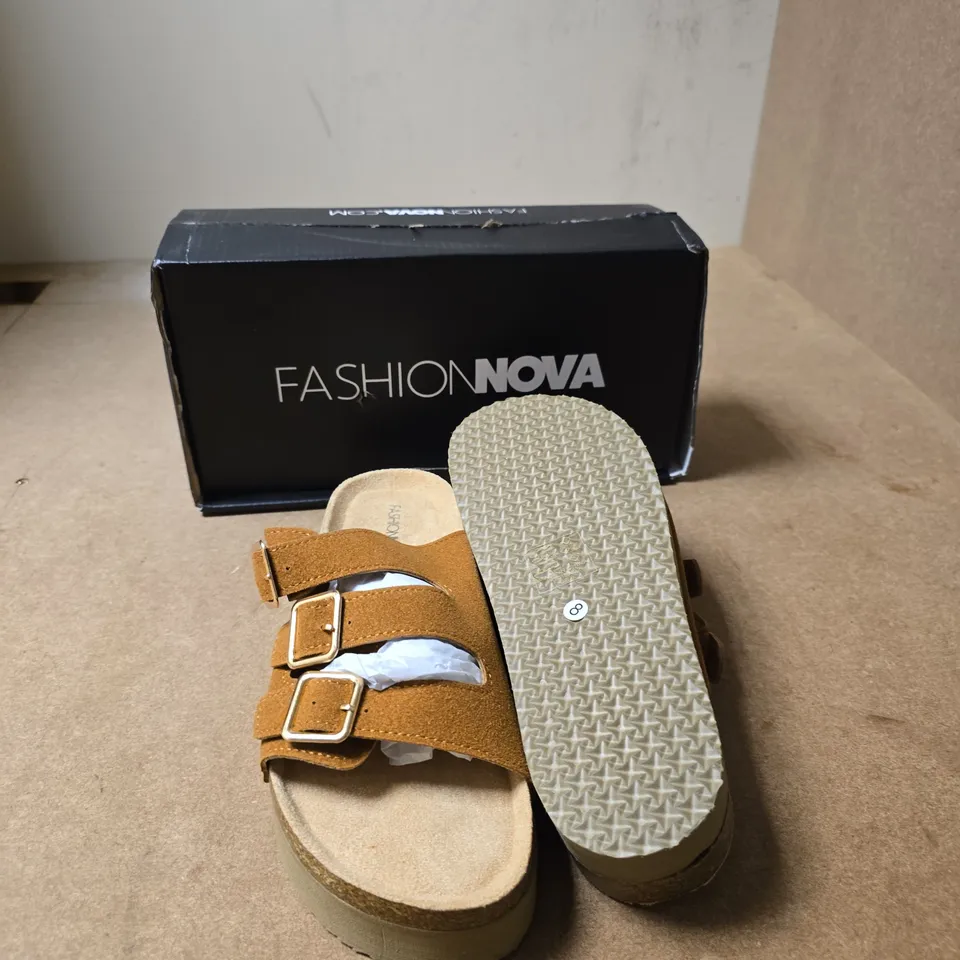 FASHION NOVA TAN DOUBLE-STRAP WEDGE SANDALS - UK 6 (US 8)