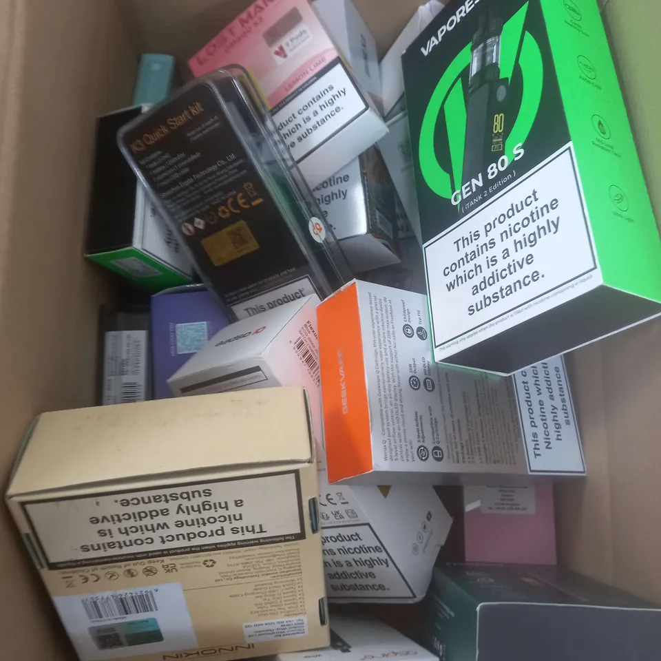 BOX OF APPROXIMATELY 15 ASSORTED E-CIGARATTES TO INCLUDE VAPORESSO, ASPIRE, LOST MARY ETC