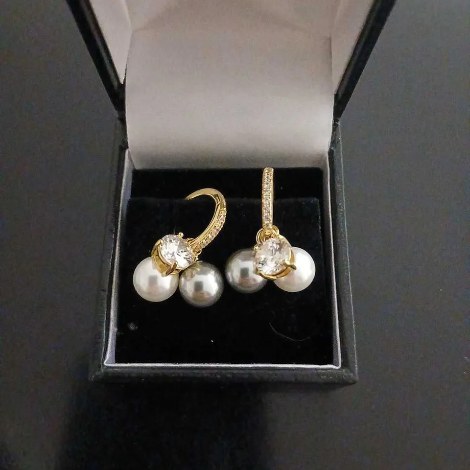 DIAMONIQUE SHL PEARL HOOP EARRINGS WHITE/GREY RHODIUM PLATED