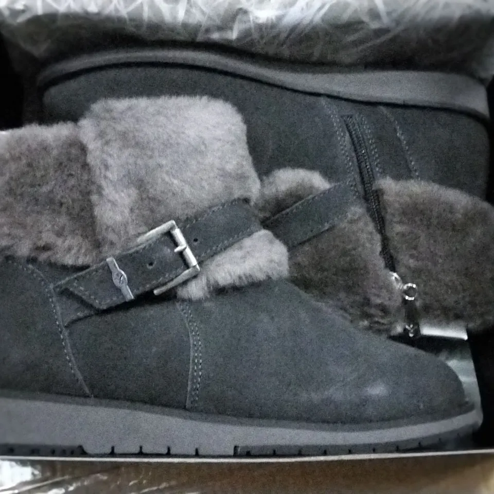 PALLET OF ASSORTED SHOES INCLUDING EMU AUSTRALIA OXLEY FUR CUFF ANKLE BOOTS, DARK GREY - SIZE 6, SIZE 8 SKECHERS ARYA SWEET GLITZ RHINESTONE SKIMMER BALLET SLIP ON  ROSE 