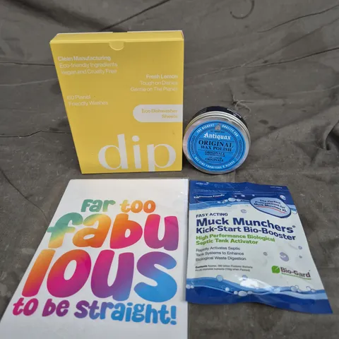APPROXIMATELY 15 ASSORTED HOUSEHOLD ITEMS TO INCLUDE MUCK MUNCHERS SEPTIC TANK ACTIVATOR, DIP DISHWASHER SHEETS AND GREETINGS CARD