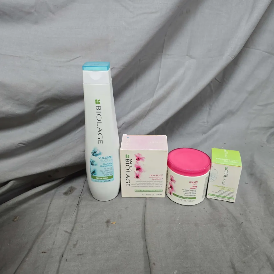 APPROXIMATELY 12 ASSORTED MATRIX BIOLAGE TO INCLUDE COLORLAST CERA-REPAIR, VOLUME BLOOM SHAMPOO, CARNONIZNG POWDER, ETC