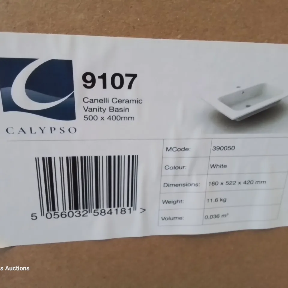 BOXED CANELLI CERAMIC SINGLE TAP VANITY BASIN WHITE 500 × 400mm