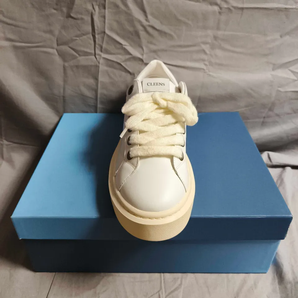 BOXED PAIR OF CLEENS WHITE LEATHER SNEAKERS – UK SIZE 9.5